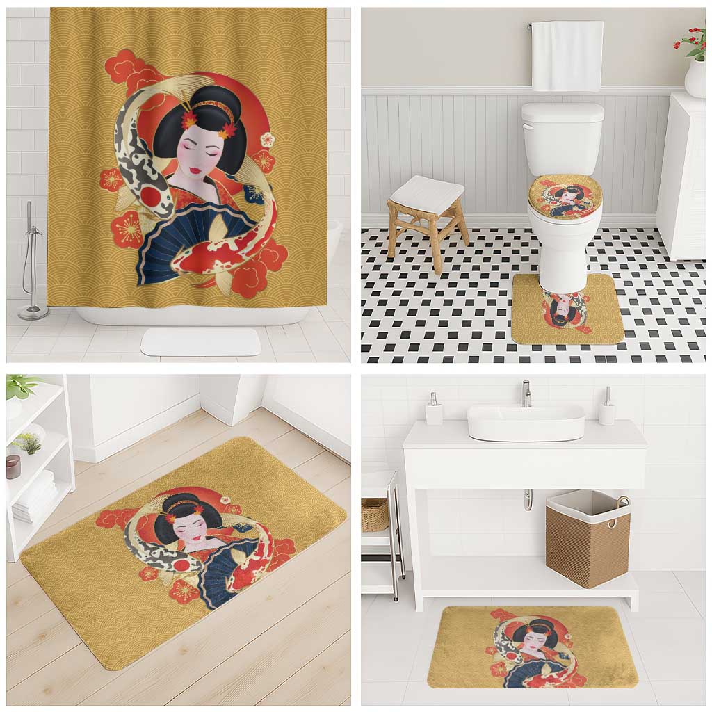 Japanese Geisha Koi Fish Bathroom Set Cherry Blossoms Yellow Seigaiha Pattern - Polynesian Pride