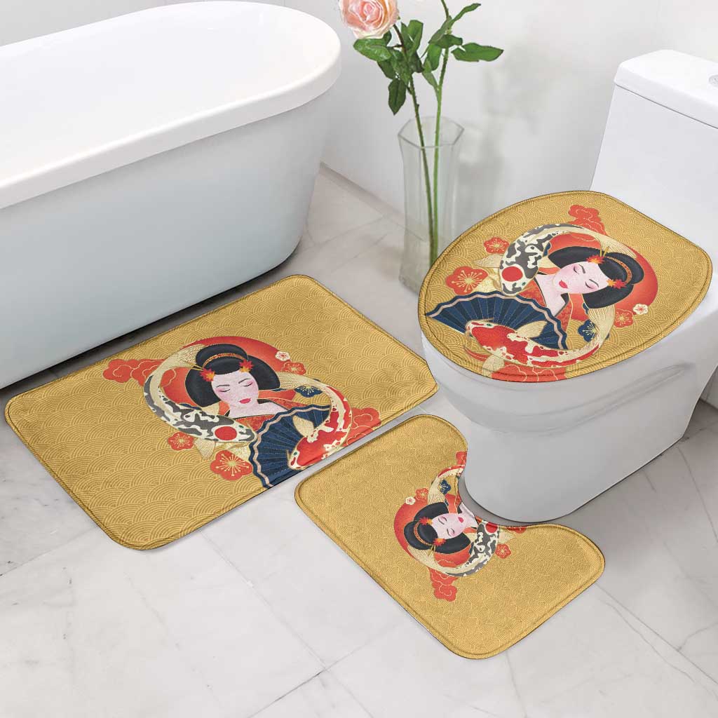 Japanese Geisha Koi Fish Bathroom Set Cherry Blossoms Yellow Seigaiha Pattern - Polynesian Pride