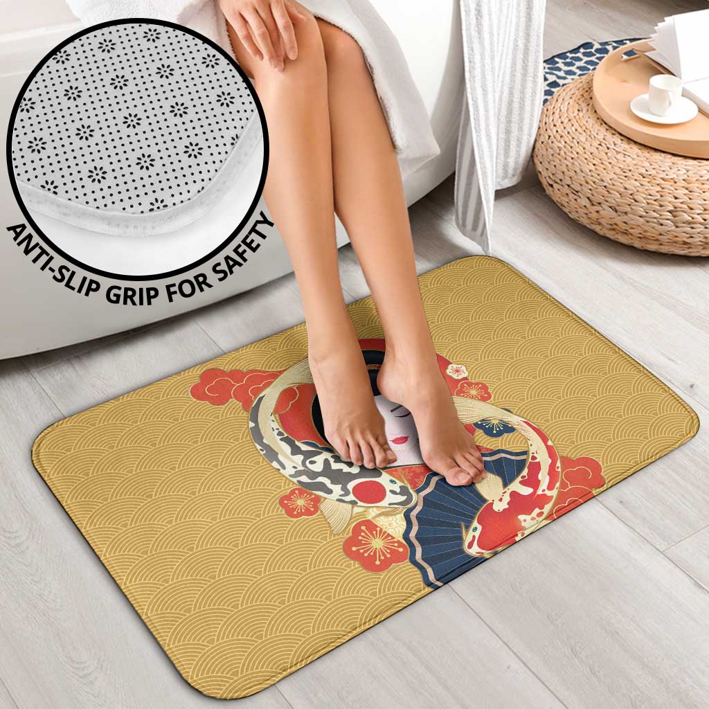 Japanese Geisha Koi Fish Bathroom Set Cherry Blossoms Yellow Seigaiha Pattern - Polynesian Pride