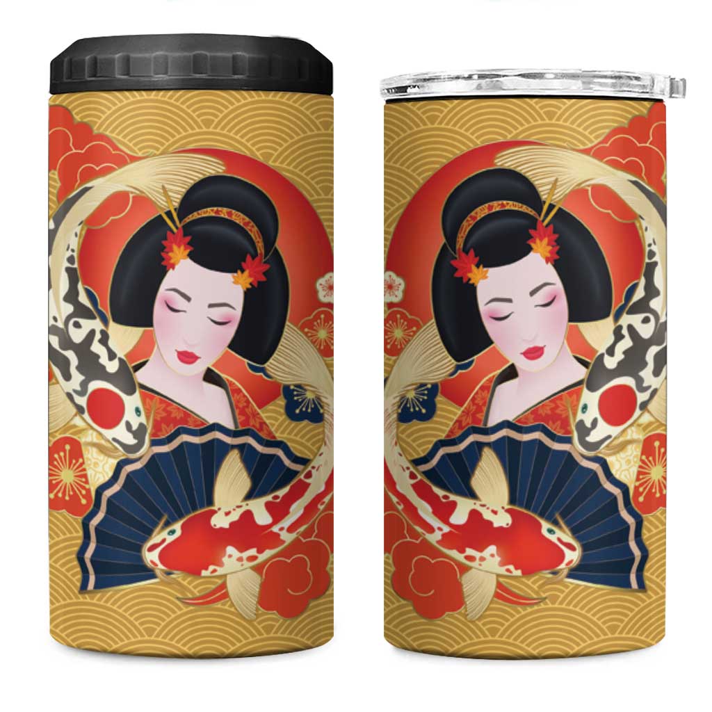 Japanese Geisha Koi Fish 4 in 1 Can Cooler Tumbler Cherry Blossoms Yellow Seigaiha Pattern - Polynesian Pride