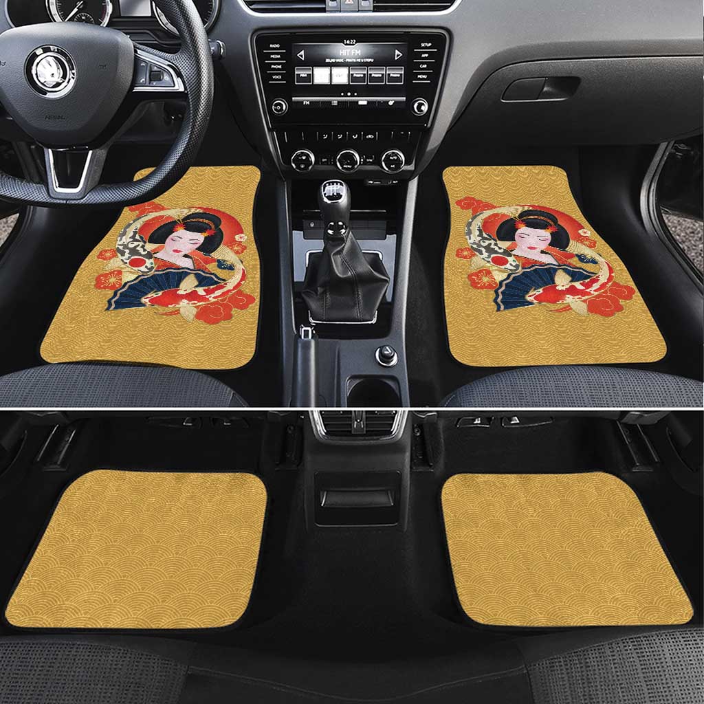 Japanese Geisha Koi Fish Car Mats Cherry Blossoms Yellow Seigaiha Pattern - Polynesian Pride