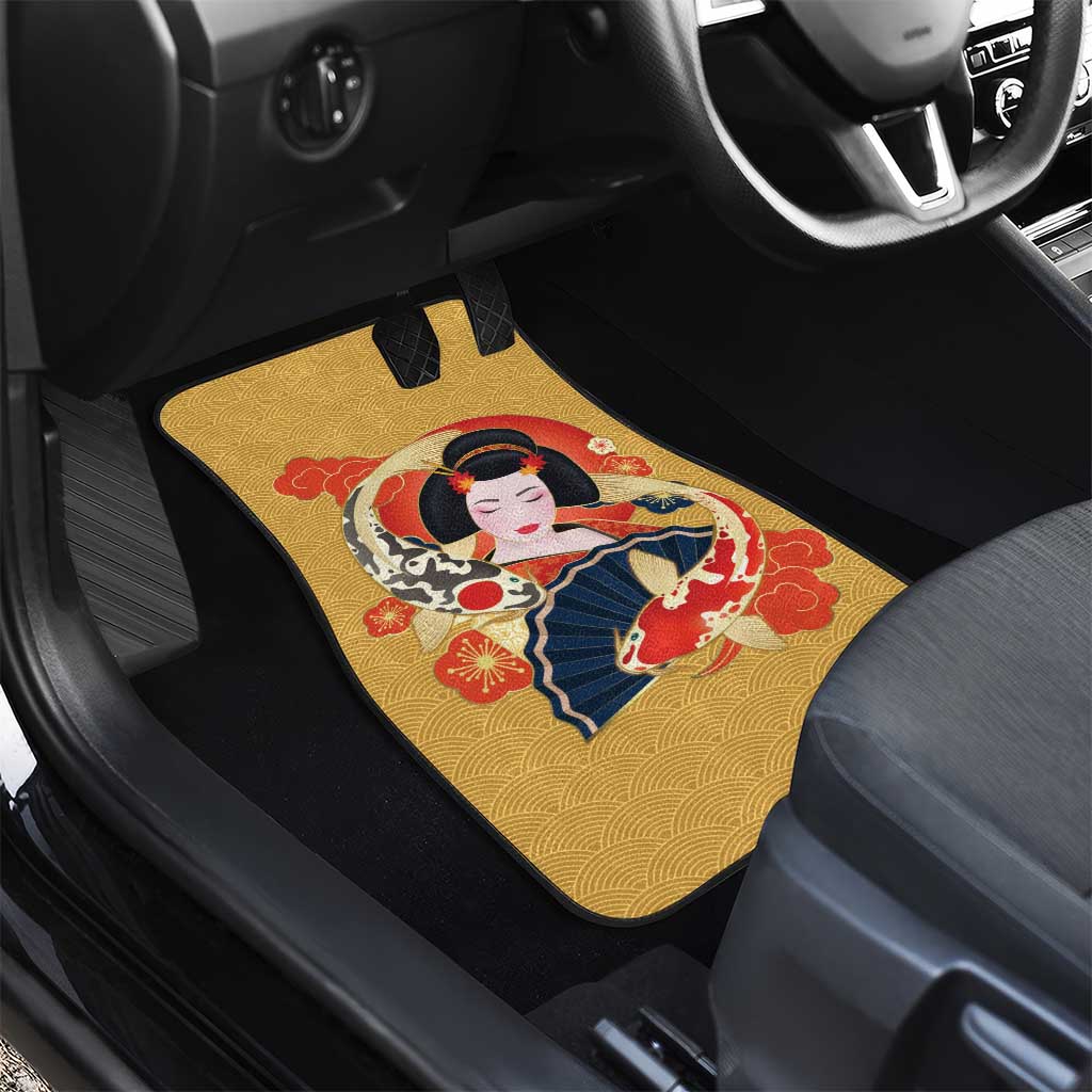 Japanese Geisha Koi Fish Car Mats Cherry Blossoms Yellow Seigaiha Pattern - Polynesian Pride