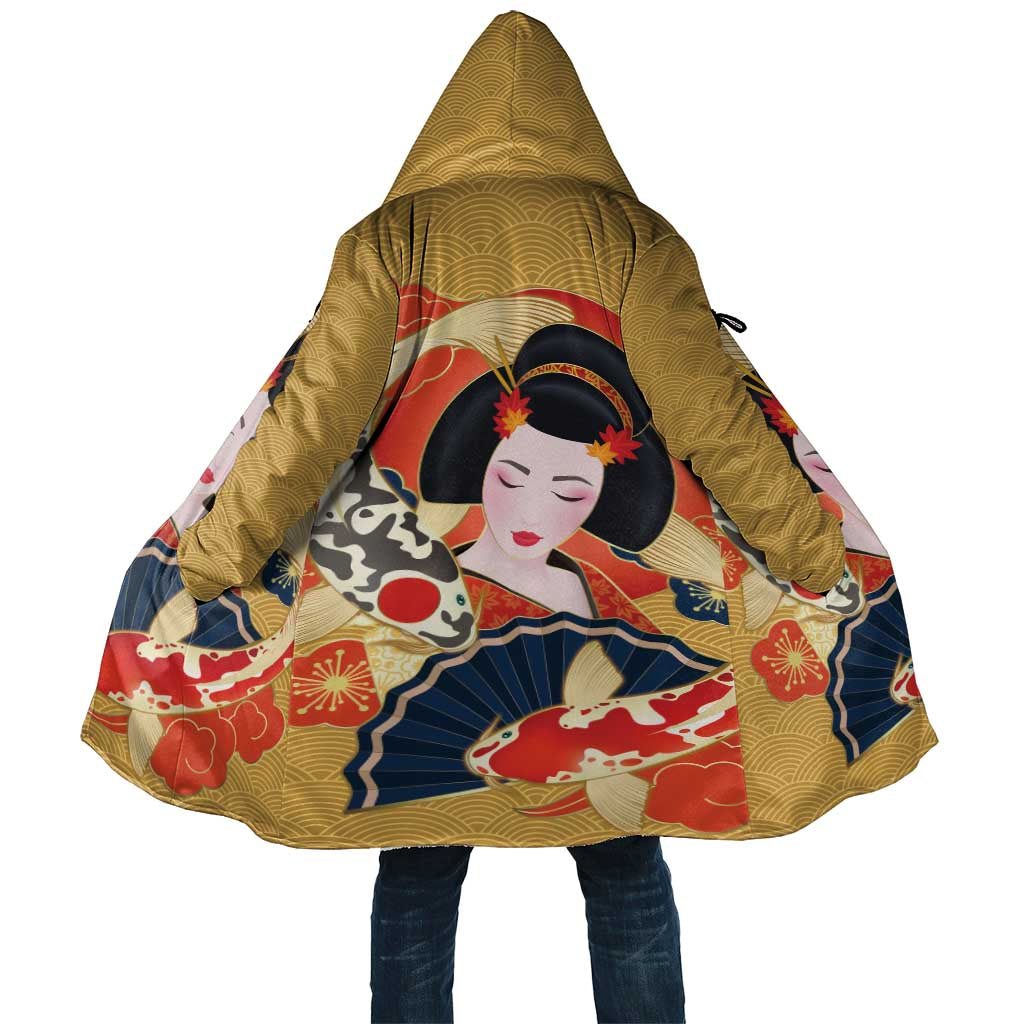 Japanese Geisha Koi Fish Cloak Cherry Blossoms Yellow Seigaiha Pattern - Polynesian Pride