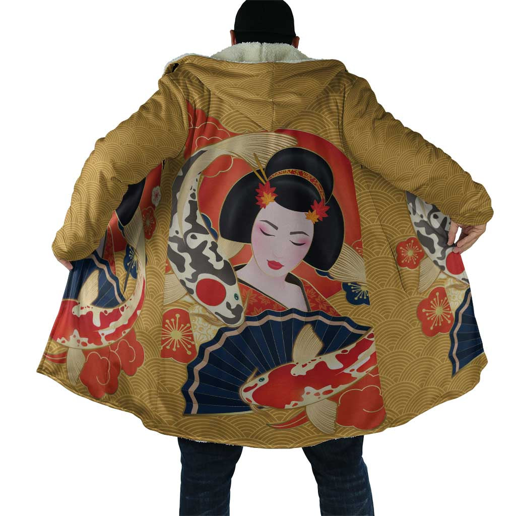 Japanese Geisha Koi Fish Cloak Cherry Blossoms Yellow Seigaiha Pattern - Polynesian Pride