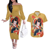 Japanese Geisha Koi Fish Couples Matching Off The Shoulder Long Sleeve Dress and Hawaiian Shirt Cherry Blossoms Yellow Seigaiha Pattern - Polynesian Pride
