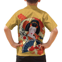 Japanese Geisha Koi Fish Family Matching Long Sleeve Bodycon Dress and Hawaiian Shirt Cherry Blossoms Yellow Seigaiha Pattern LT14 - Polynesian Pride