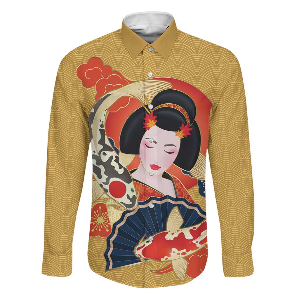 Japanese Geisha Koi Fish Family Matching Long Sleeve Bodycon Dress and Hawaiian Shirt Cherry Blossoms Yellow Seigaiha Pattern LT14 Dad's Shirt - Long Sleeve Yellow - Polynesian Pride