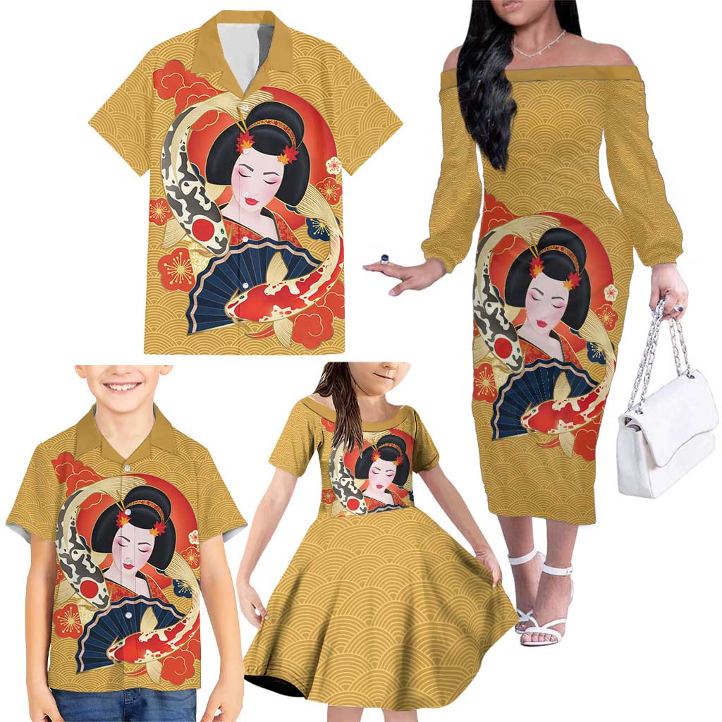 Japanese Geisha Koi Fish Family Matching Off The Shoulder Long Sleeve Dress and Hawaiian Shirt Cherry Blossoms Yellow Seigaiha Pattern LT14 - Polynesian Pride