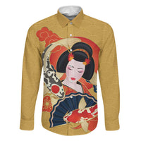 Japanese Geisha Koi Fish Family Matching Off The Shoulder Long Sleeve Dress and Hawaiian Shirt Cherry Blossoms Yellow Seigaiha Pattern LT14 Dad's Shirt - Long Sleeve Yellow - Polynesian Pride