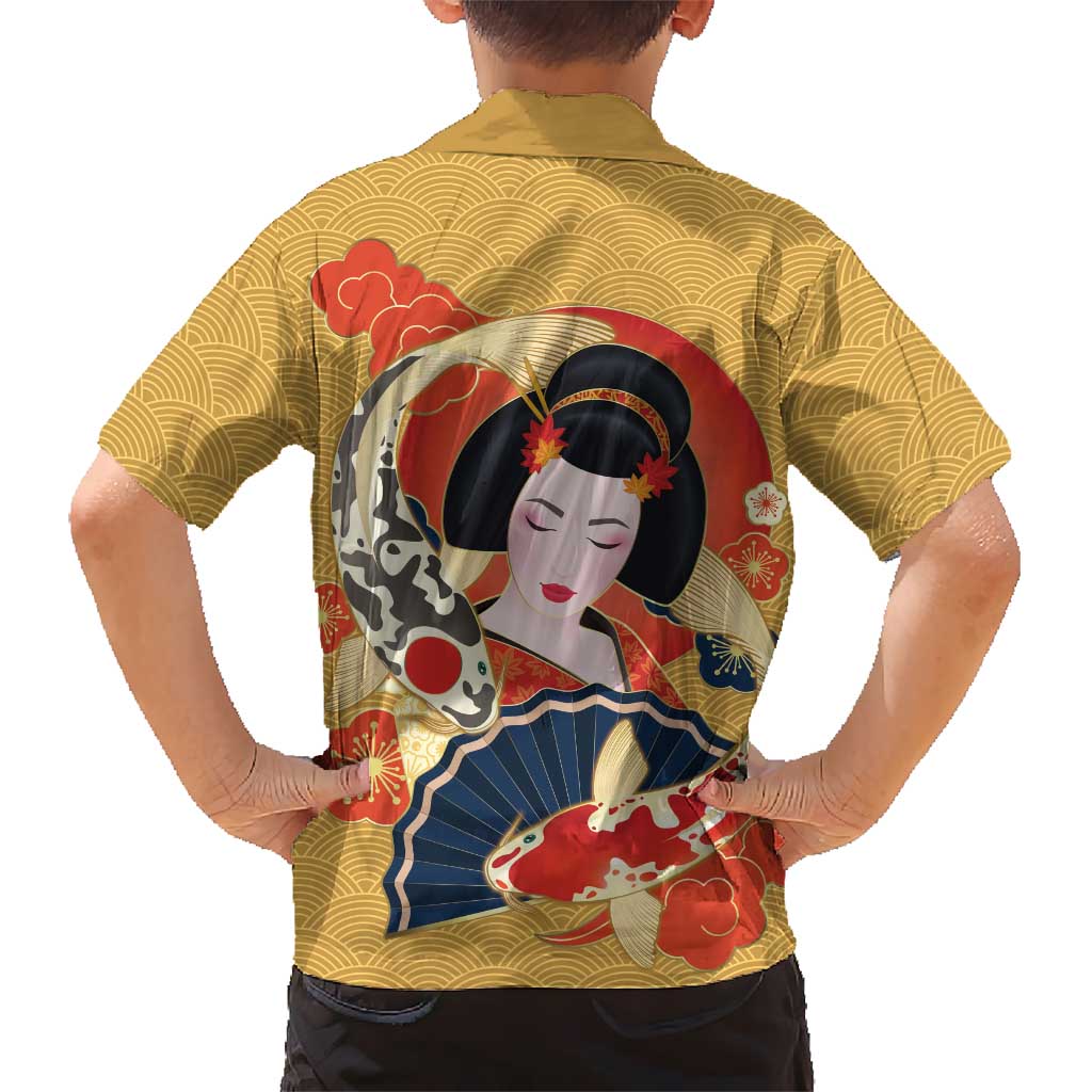 Japanese Geisha Koi Fish Family Matching Short Sleeve Bodycon Dress and Hawaiian Shirt Cherry Blossoms Yellow Seigaiha Pattern LT14 - Polynesian Pride