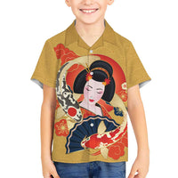 Japanese Geisha Koi Fish Family Matching Summer Maxi Dress and Hawaiian Shirt Cherry Blossoms Yellow Seigaiha Pattern LT14 Son's Shirt Yellow - Polynesian Pride
