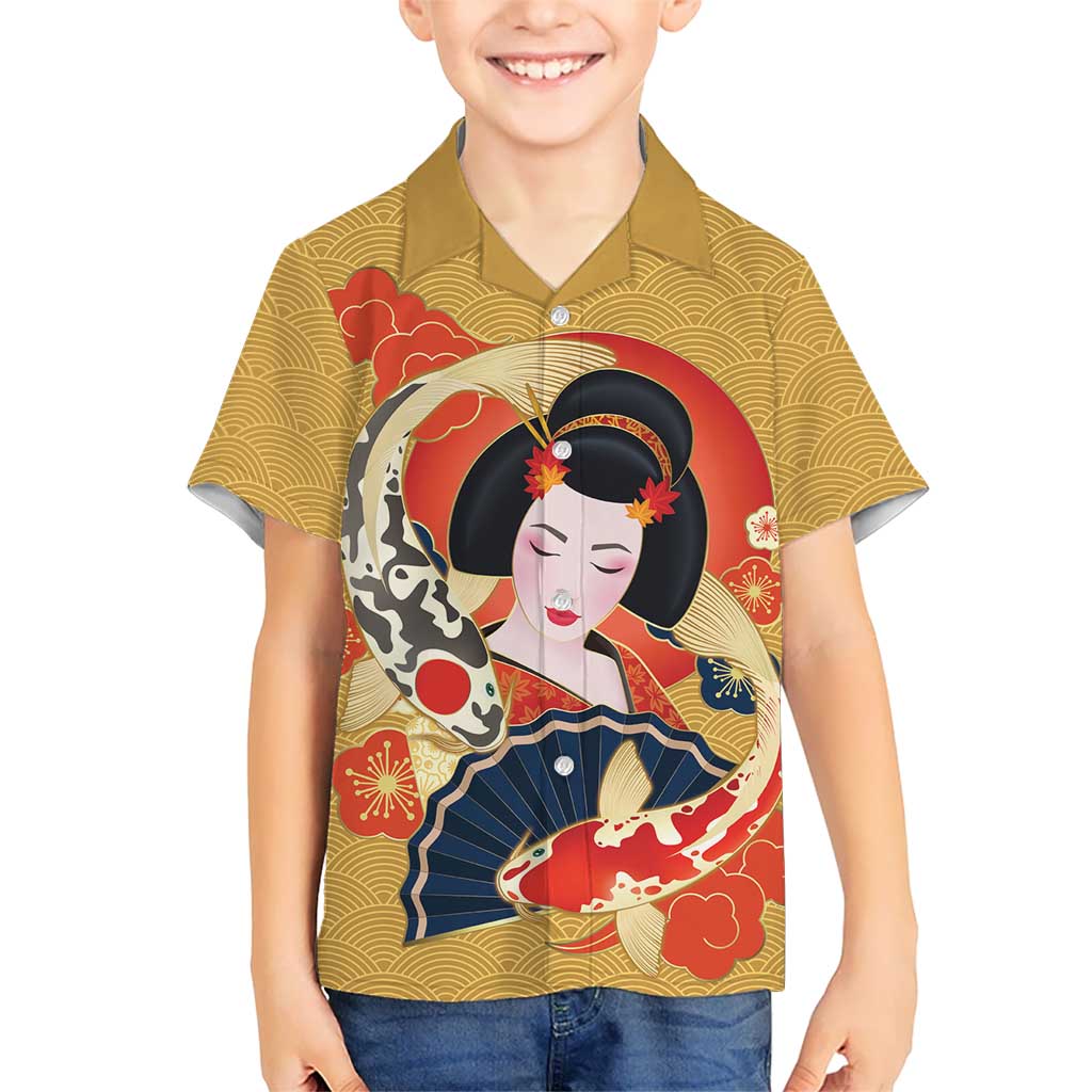 Japanese Geisha Koi Fish Family Matching Tank Maxi Dress and Hawaiian Shirt Cherry Blossoms Yellow Seigaiha Pattern LT14 Son's Shirt Yellow - Polynesian Pride