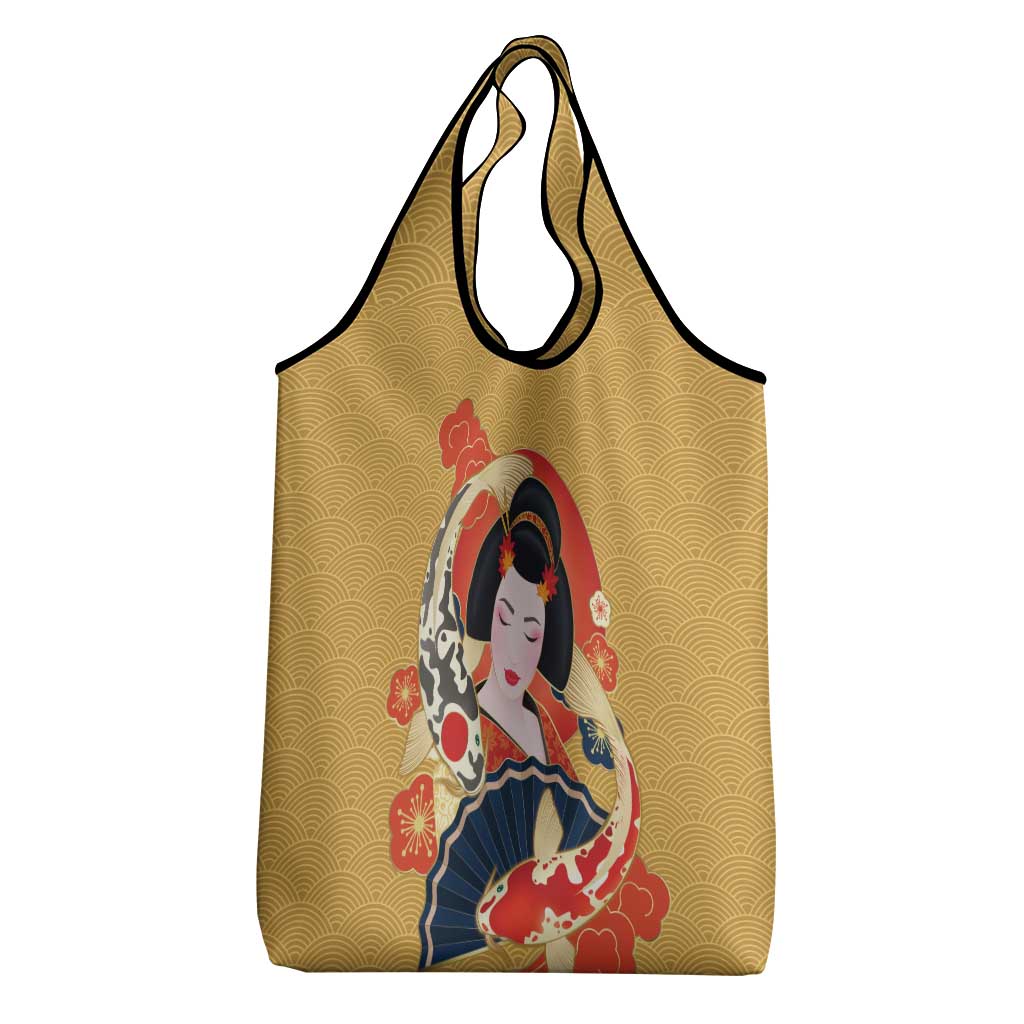 Japanese Geisha Koi Fish Grocery Bag Cherry Blossoms Yellow Seigaiha Pattern - Polynesian Pride