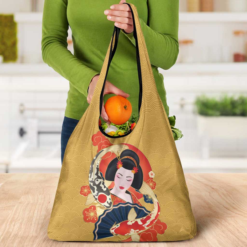 Japanese Geisha Koi Fish Grocery Bag Cherry Blossoms Yellow Seigaiha Pattern - Polynesian Pride