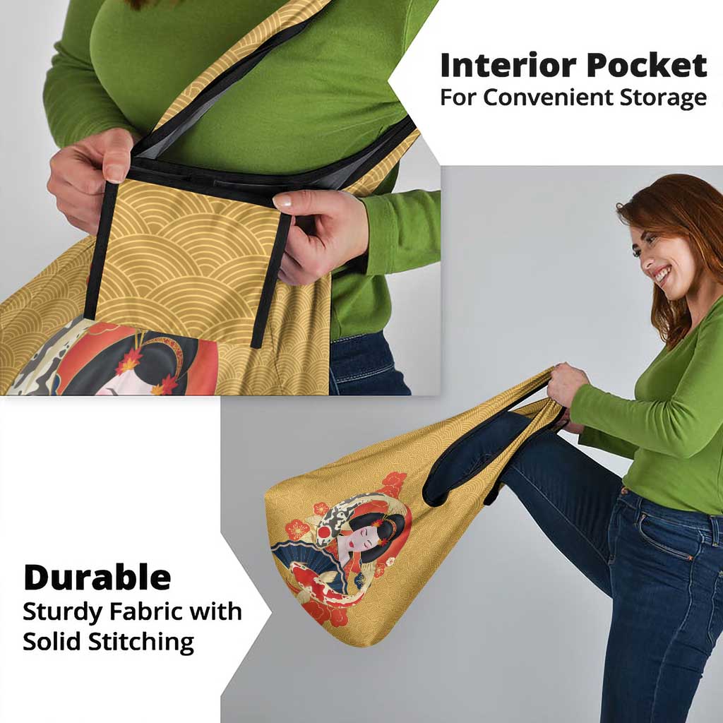 Japanese Geisha Koi Fish Grocery Bag Cherry Blossoms Yellow Seigaiha Pattern - Polynesian Pride