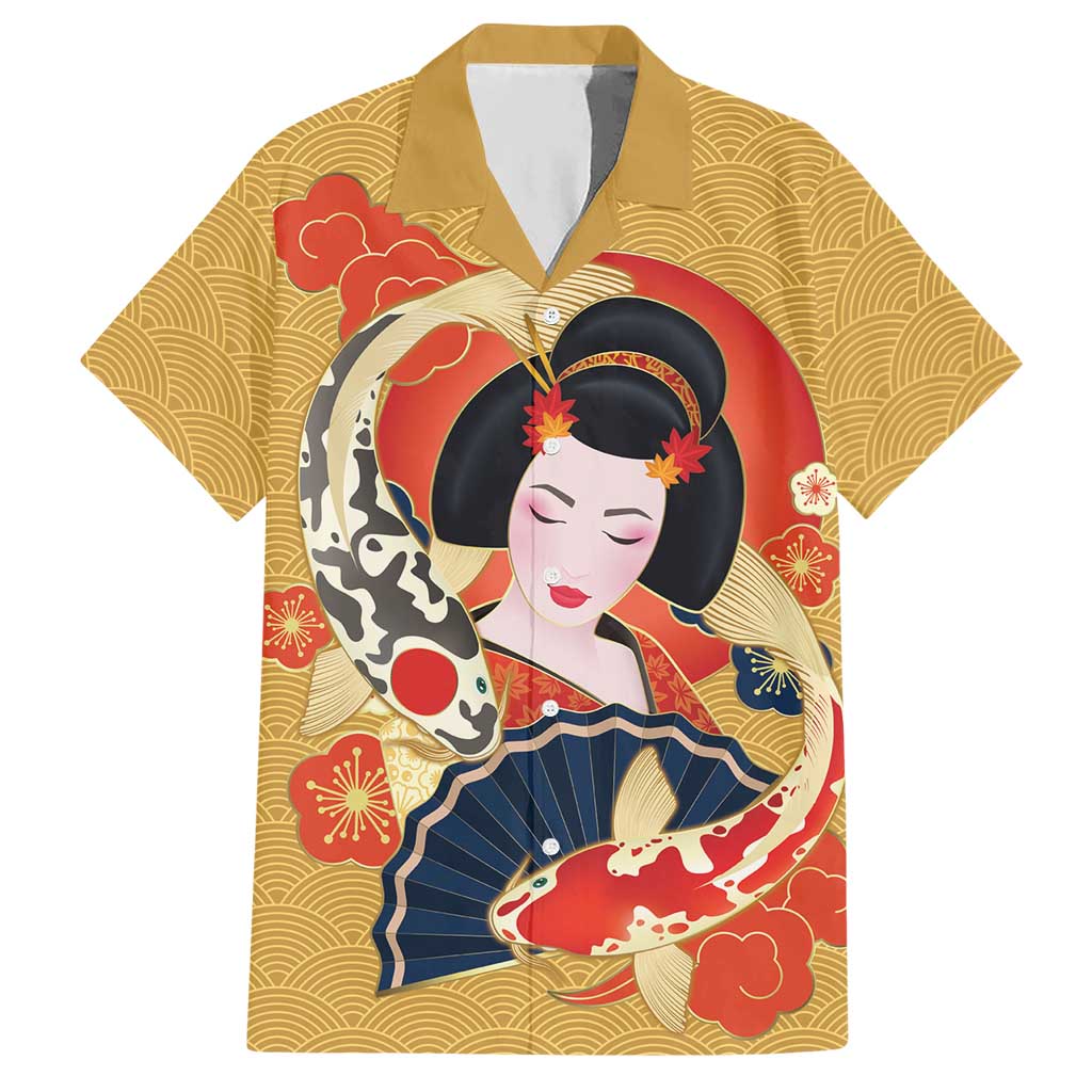 Japanese Geisha Koi Fish Hawaiian Shirt Cherry Blossoms Yellow Seigaiha Pattern LT14 Yellow - Polynesian Pride