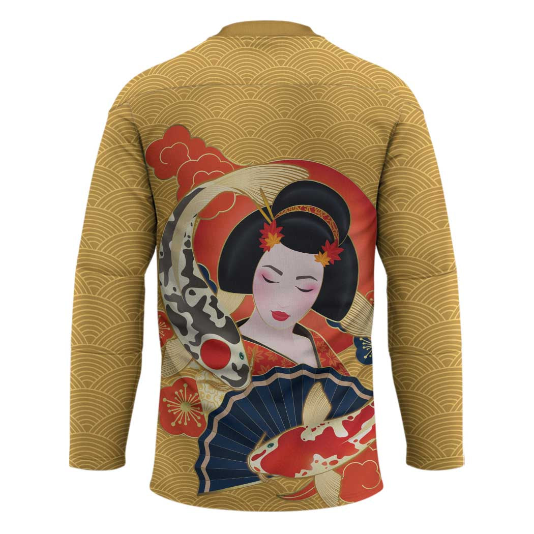Japanese Geisha Koi Fish Hockey Jersey Cherry Blossoms Yellow Seigaiha Pattern - Polynesian Pride