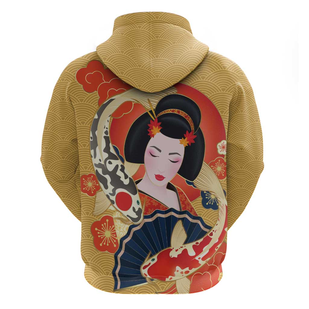 Japanese Geisha Koi Fish Hoodie Cherry Blossoms Yellow Seigaiha Pattern - Polynesian Pride