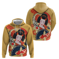 Japanese Geisha Koi Fish Hoodie Cherry Blossoms Yellow Seigaiha Pattern - Polynesian Pride