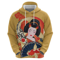 Japanese Geisha Koi Fish Hoodie Cherry Blossoms Yellow Seigaiha Pattern - Polynesian Pride
