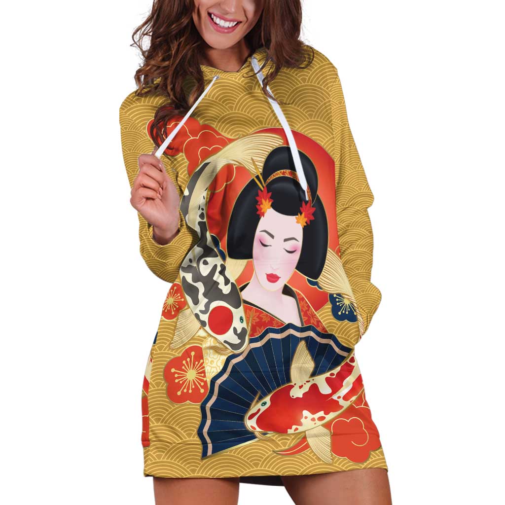 Japanese Geisha Koi Fish Hoodie Dress Cherry Blossoms Yellow Seigaiha Pattern LT14 Yellow - Polynesian Pride