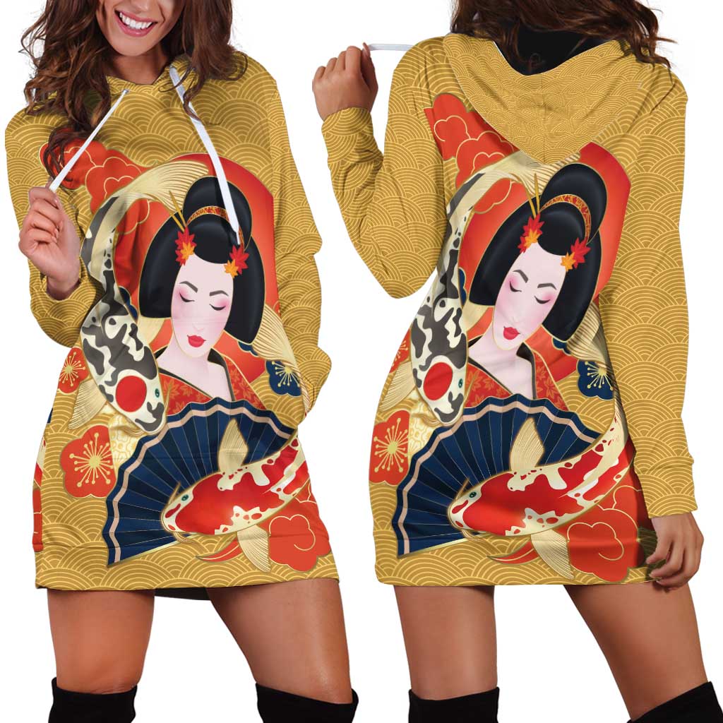 Japanese Geisha Koi Fish Hoodie Dress Cherry Blossoms Yellow Seigaiha Pattern LT14 - Polynesian Pride