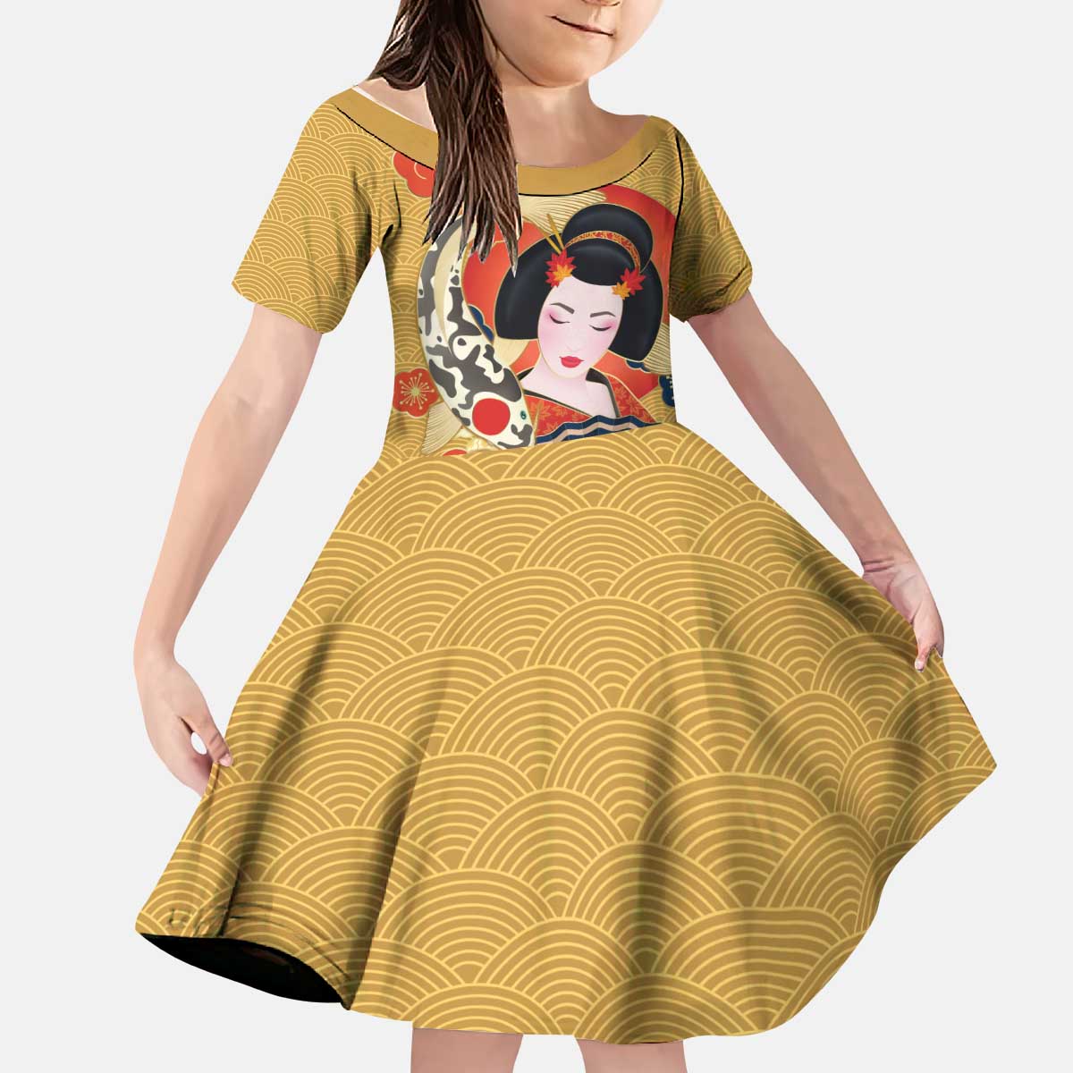 Japanese Geisha Koi Fish Kid Short Sleeve Dress Cherry Blossoms Yellow Seigaiha Pattern LT14 KID Yellow - Polynesian Pride