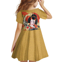 Japanese Geisha Koi Fish Kid Short Sleeve Dress Cherry Blossoms Yellow Seigaiha Pattern LT14 - Polynesian Pride