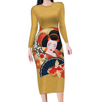 Japanese Geisha Koi Fish Long Sleeve Bodycon Dress Cherry Blossoms Yellow Seigaiha Pattern LT14 Long Dress Yellow - Polynesian Pride