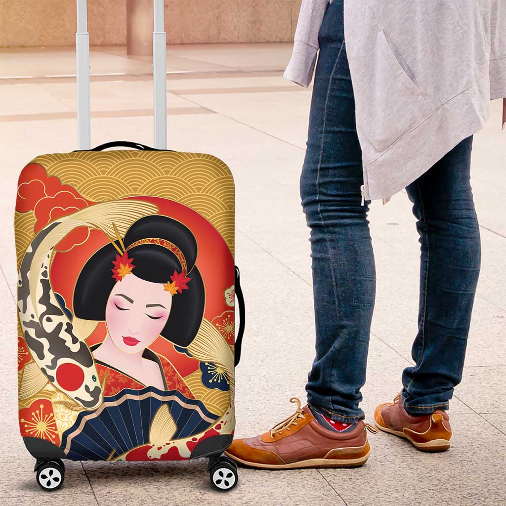 Japanese Geisha Koi Fish Luggage Cover Cherry Blossoms Yellow Seigaiha Pattern - Polynesian Pride