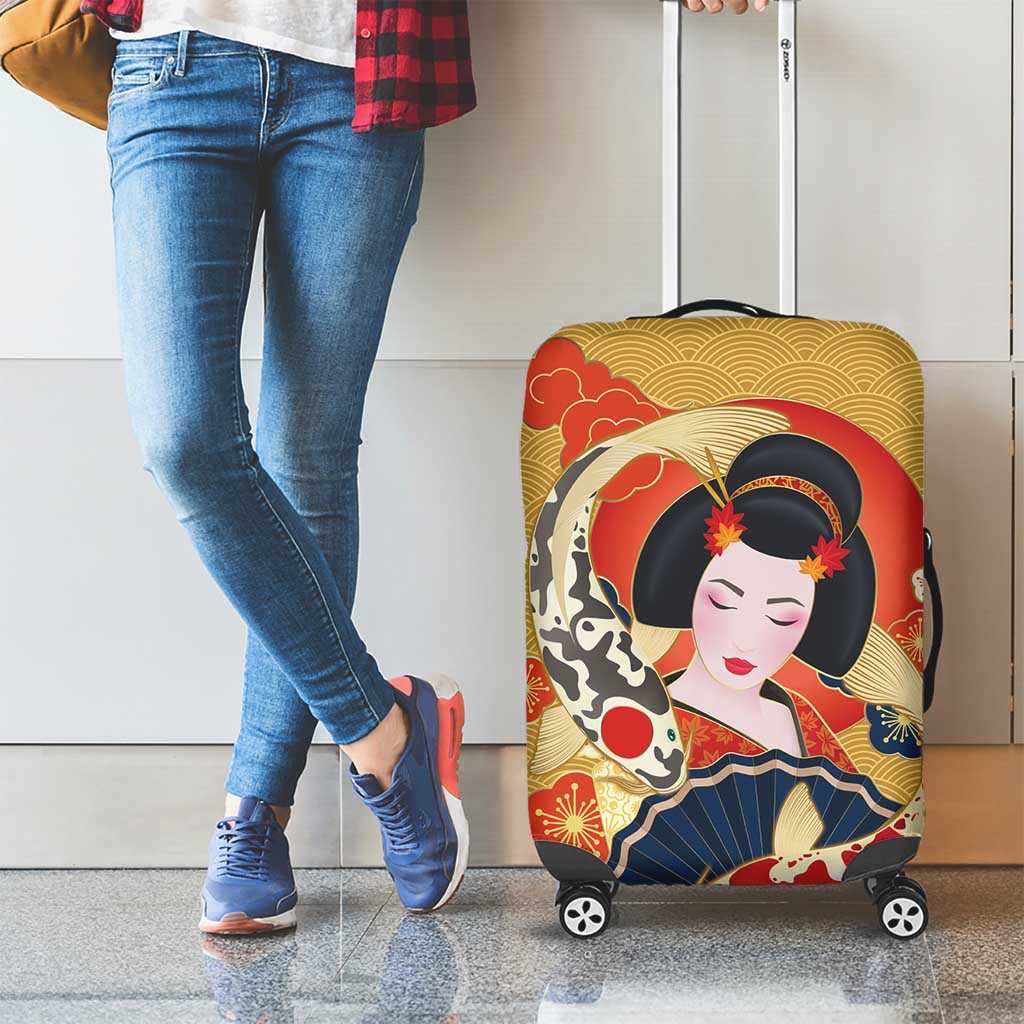 Japanese Geisha Koi Fish Luggage Cover Cherry Blossoms Yellow Seigaiha Pattern - Polynesian Pride