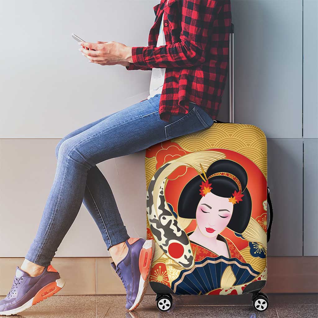 Japanese Geisha Koi Fish Luggage Cover Cherry Blossoms Yellow Seigaiha Pattern - Polynesian Pride
