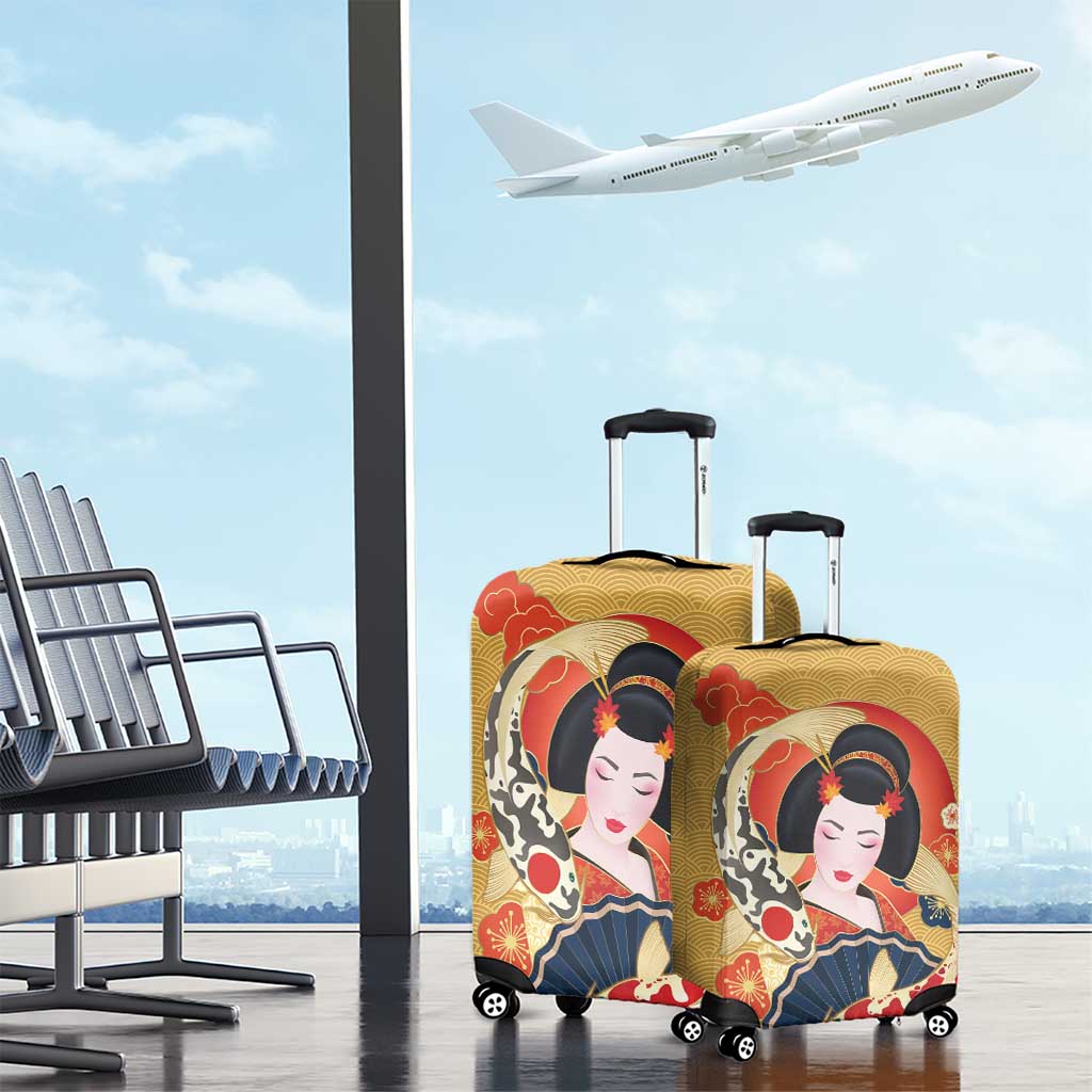 Japanese Geisha Koi Fish Luggage Cover Cherry Blossoms Yellow Seigaiha Pattern - Polynesian Pride