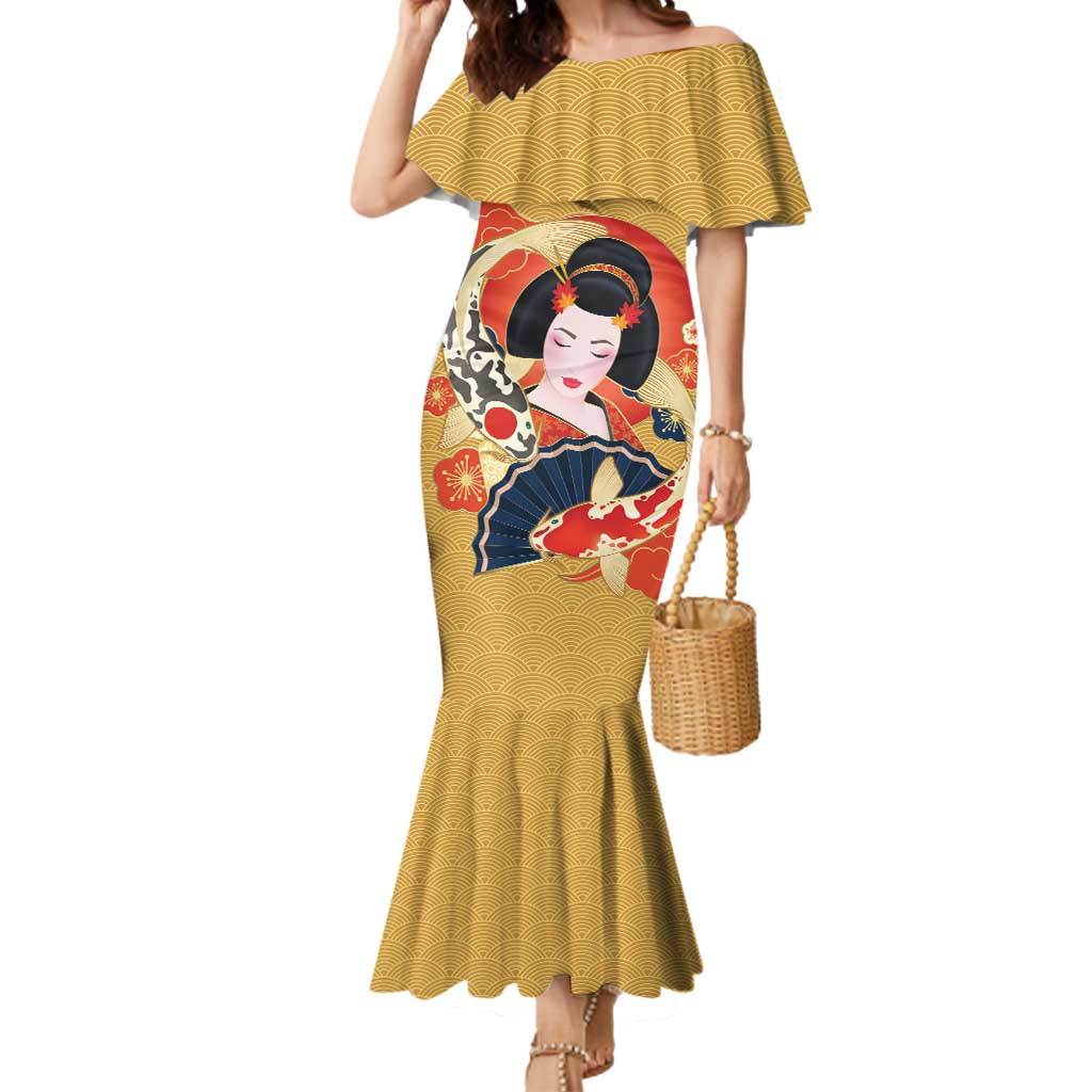 Japanese Geisha Koi Fish Mermaid Dress Cherry Blossoms Yellow Seigaiha Pattern LT14 Women Yellow - Polynesian Pride