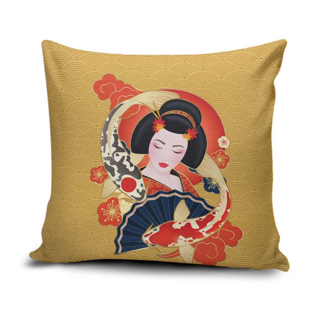 Japanese Geisha Koi Fish Pillow Cover Cherry Blossoms Yellow Seigaiha Pattern - Polynesian Pride