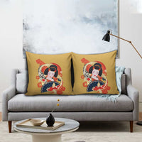 Japanese Geisha Koi Fish Pillow Cover Cherry Blossoms Yellow Seigaiha Pattern - Polynesian Pride