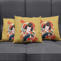 Japanese Geisha Koi Fish Pillow Cover Cherry Blossoms Yellow Seigaiha Pattern - Polynesian Pride