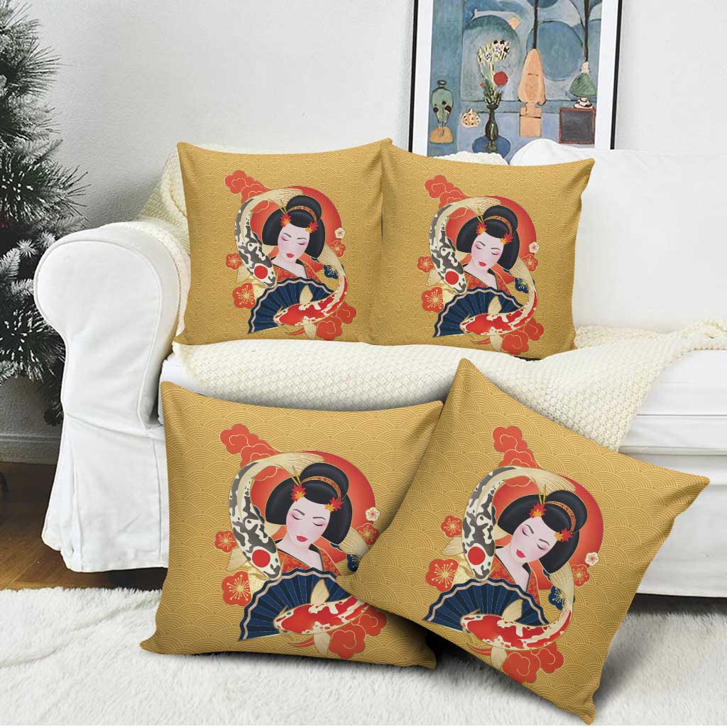 Japanese Geisha Koi Fish Pillow Cover Cherry Blossoms Yellow Seigaiha Pattern - Polynesian Pride