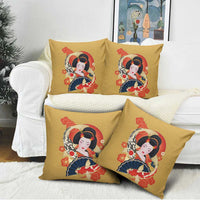 Japanese Geisha Koi Fish Pillow Cover Cherry Blossoms Yellow Seigaiha Pattern - Polynesian Pride