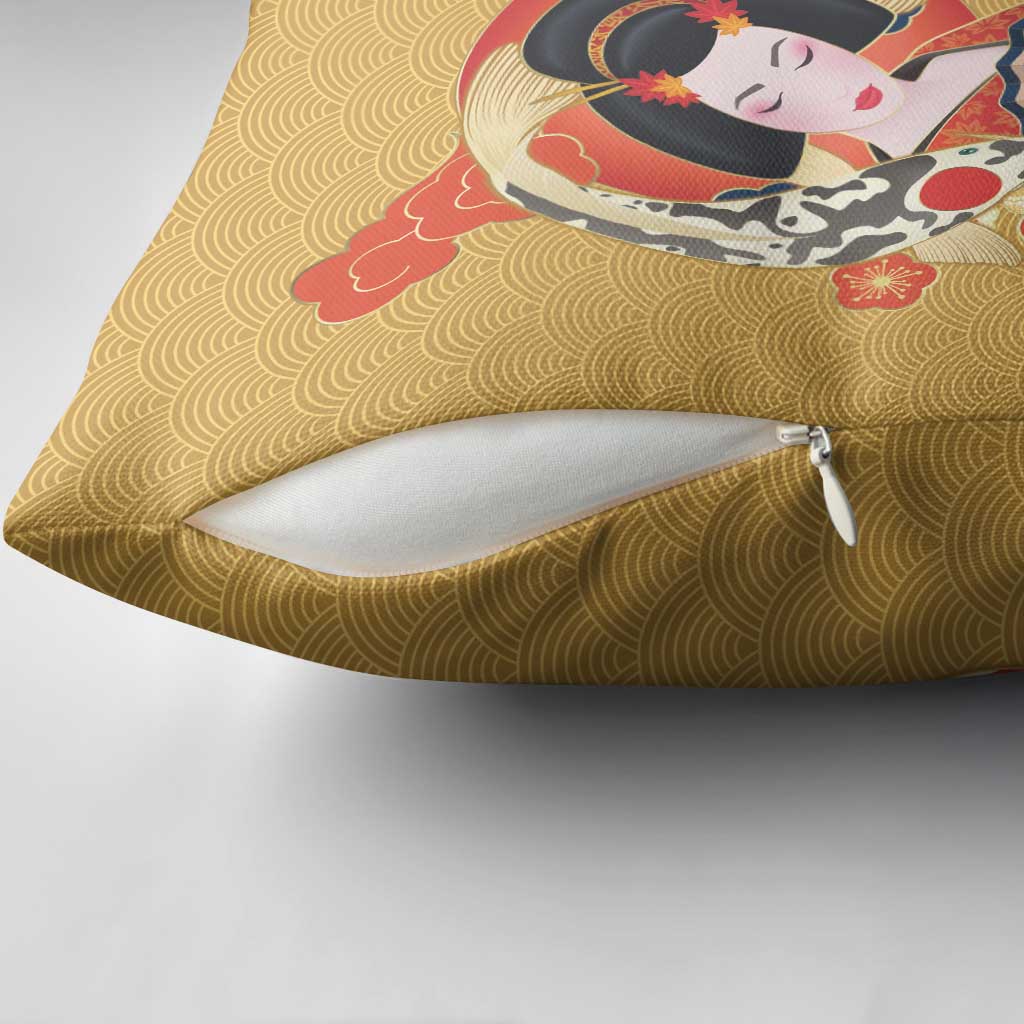 Japanese Geisha Koi Fish Pillow Cover Cherry Blossoms Yellow Seigaiha Pattern - Polynesian Pride