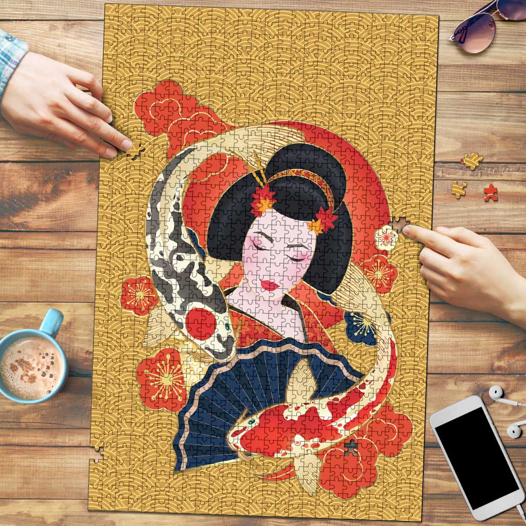 Japanese Geisha Koi Fish Puzzle Cherry Blossoms Yellow Seigaiha Pattern - Polynesian Pride