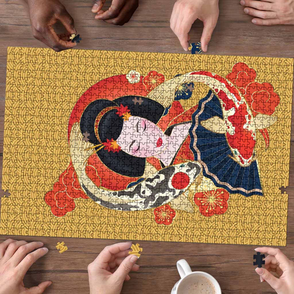 Japanese Geisha Koi Fish Puzzle Cherry Blossoms Yellow Seigaiha Pattern - Polynesian Pride