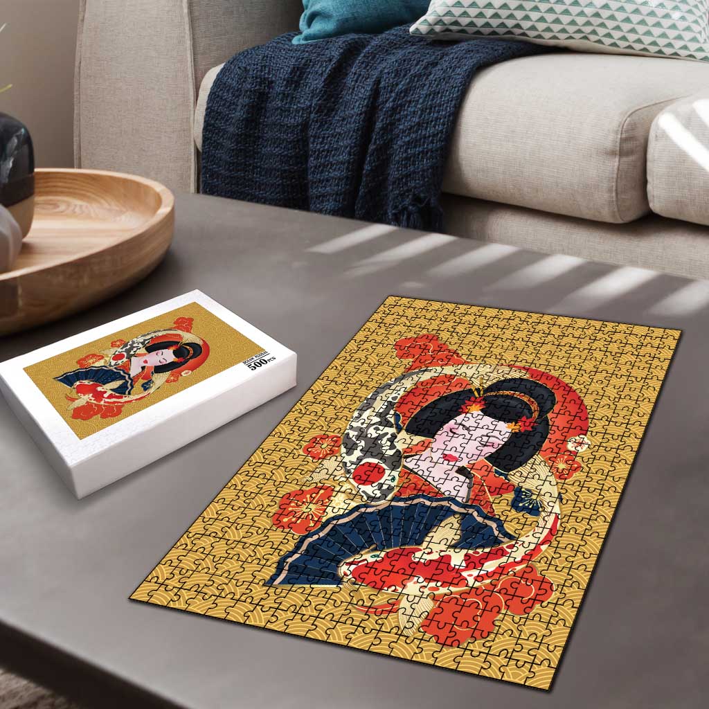 Japanese Geisha Koi Fish Puzzle Cherry Blossoms Yellow Seigaiha Pattern - Polynesian Pride
