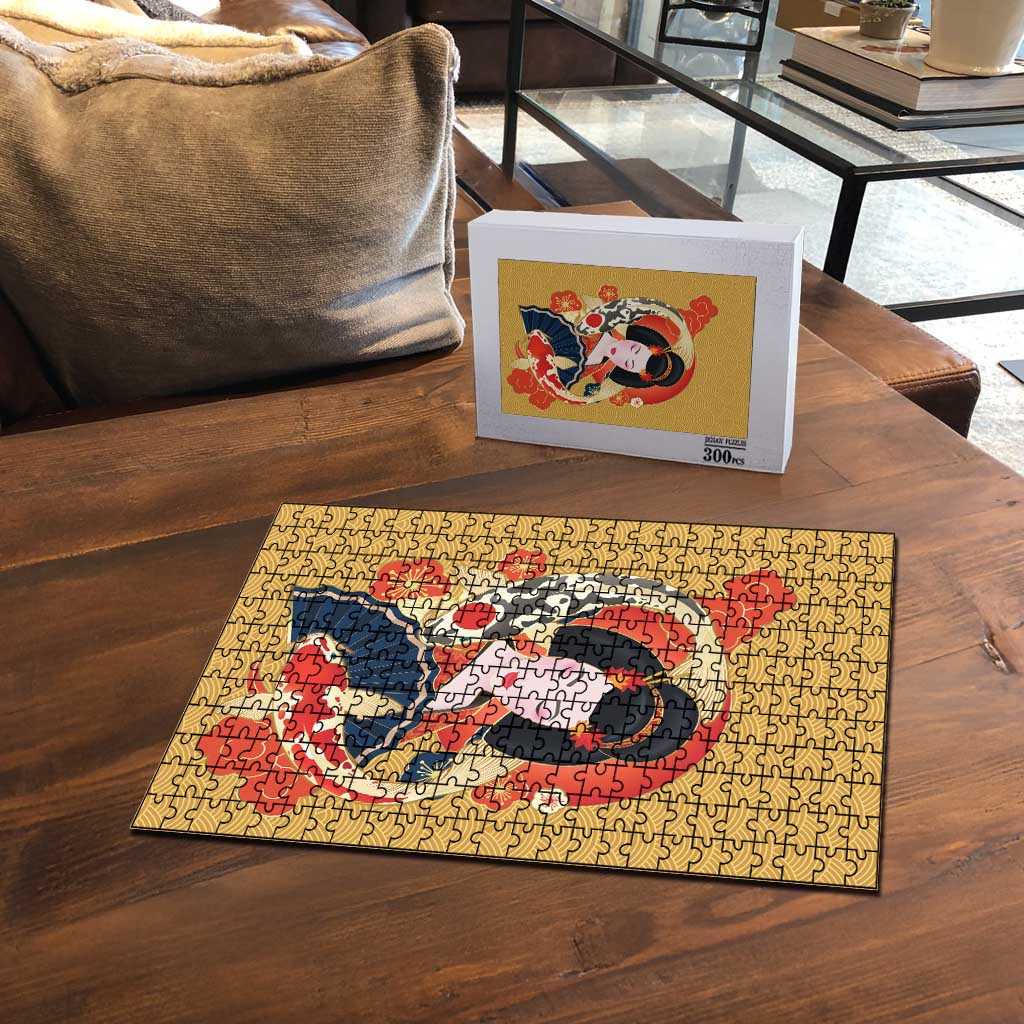 Japanese Geisha Koi Fish Puzzle Cherry Blossoms Yellow Seigaiha Pattern - Polynesian Pride