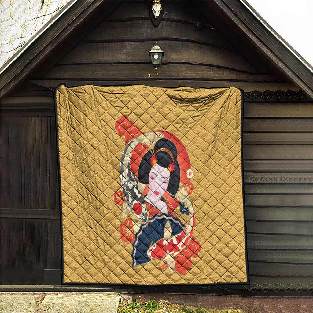 Japanese Geisha Koi Fish Quilt Cherry Blossoms Yellow Seigaiha Pattern - Polynesian Pride