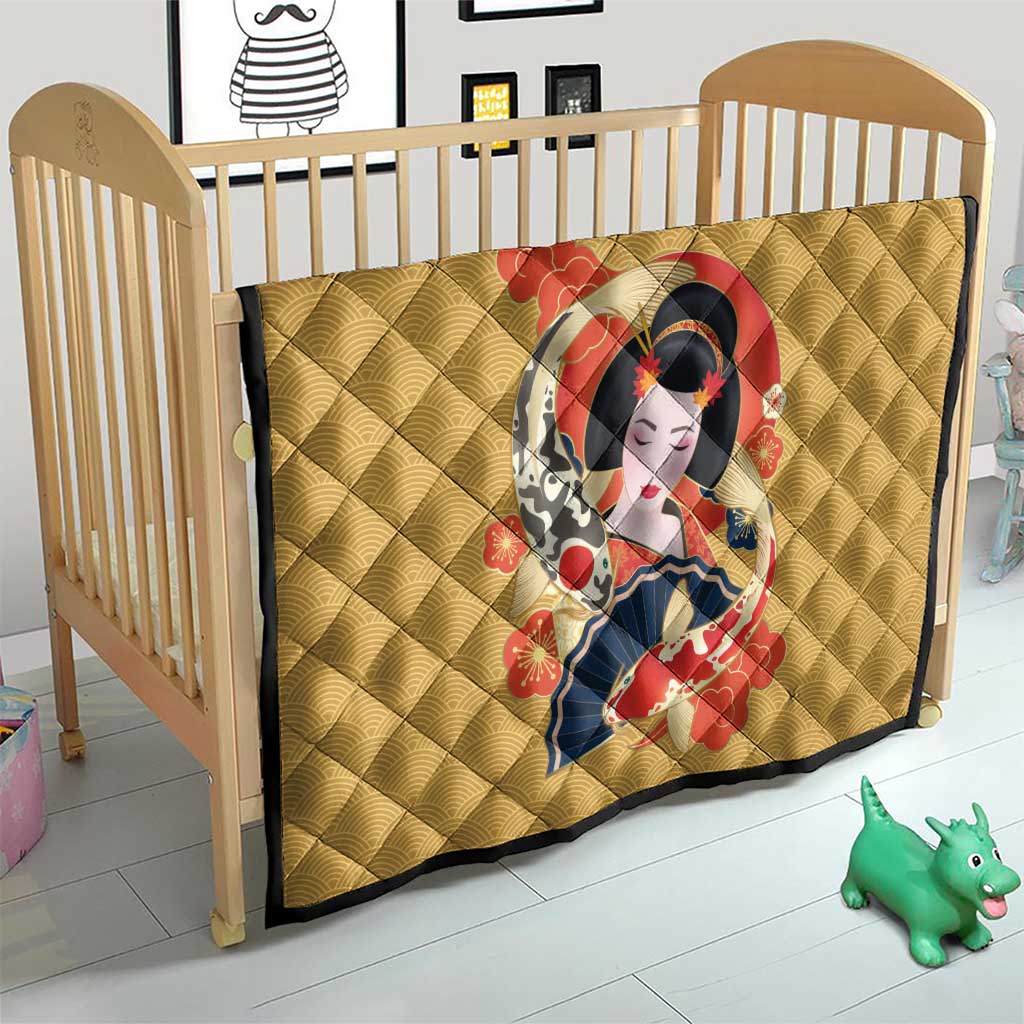 Japanese Geisha Koi Fish Quilt Cherry Blossoms Yellow Seigaiha Pattern - Polynesian Pride