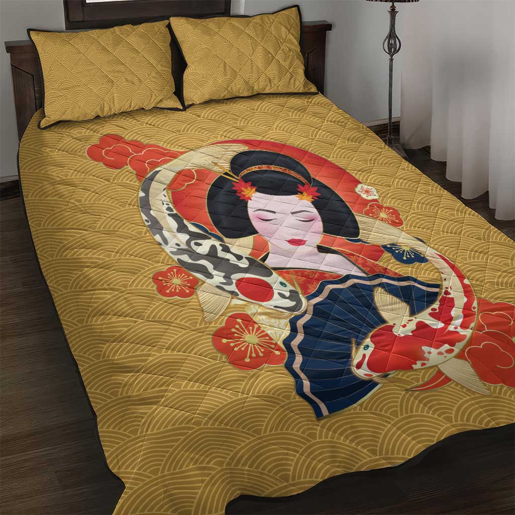 Japanese Geisha Koi Fish Quilt Bed Set Cherry Blossoms Yellow Seigaiha Pattern LT14 Yellow - Polynesian Pride