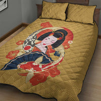 Japanese Geisha Koi Fish Quilt Bed Set Cherry Blossoms Yellow Seigaiha Pattern - Polynesian Pride