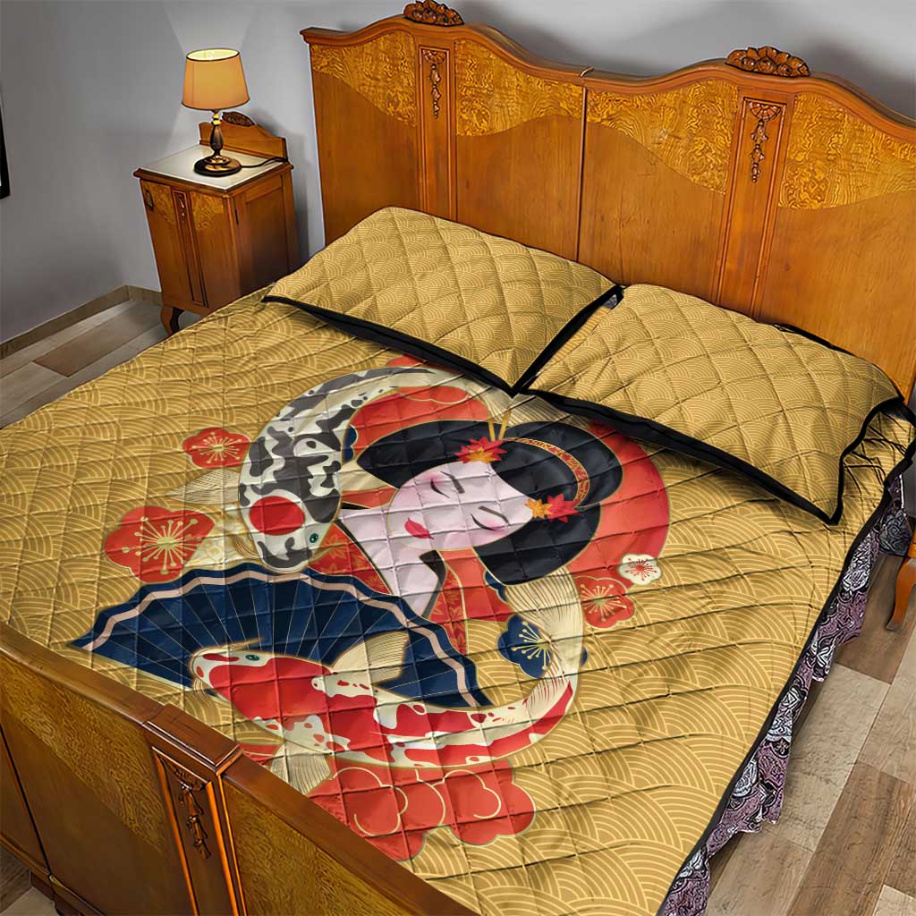 Japanese Geisha Koi Fish Quilt Bed Set Cherry Blossoms Yellow Seigaiha Pattern - Polynesian Pride