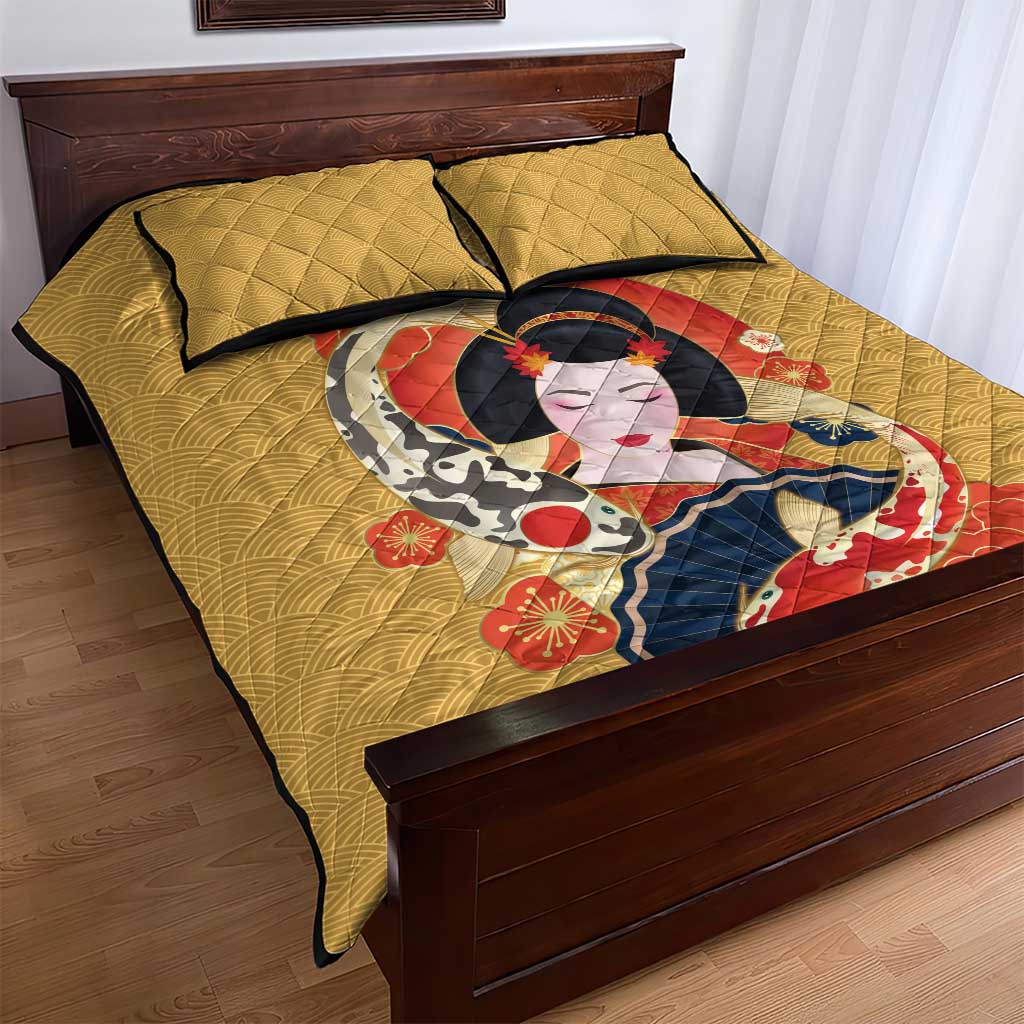 Japanese Geisha Koi Fish Quilt Bed Set Cherry Blossoms Yellow Seigaiha Pattern - Polynesian Pride